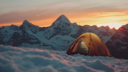 Serene Mountain Camping at Sunset with Majestic Peak View