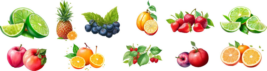 Fruit pile set. Vector illustration of banners with various tropical fruits isolated on white background. Fresh food in cartoon flat style.