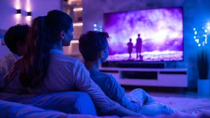 Family watching movie on large TV in living room bonding together. Concept Family Bonding, Movie Night, Quality Time, Living Room Gathering