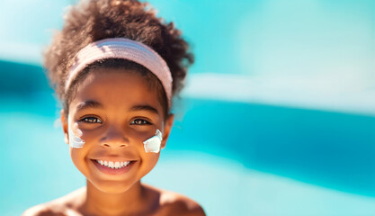 Cute African American girl with sunscreen on her cheeks. Banner with copy space