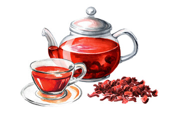 Glass transparent teapot with Hibiscus tea. Hand drawn watercolor illustration isolated on white background