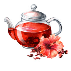 Glass transparent teapot with Hibiscus tea. Hand drawn watercolor illustration, isolated on white background