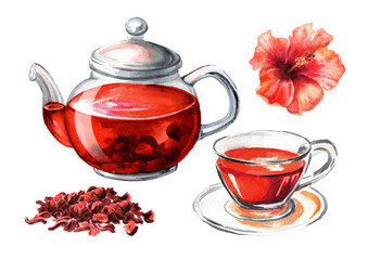 Glass transparent teapot and a cup set, with Hibiscus tea. Hand drawn watercolor illustration isolated on white background