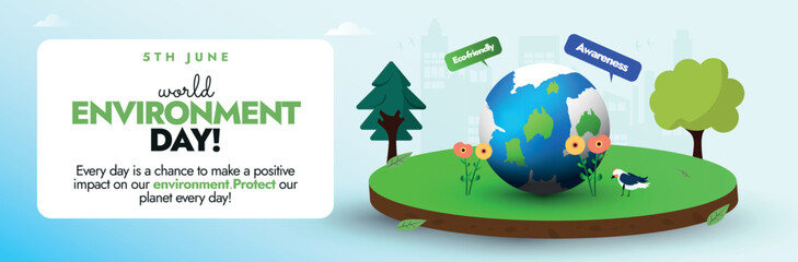 Fototapeta premium World Environment day. 5th June World environment day celebration cover banner with icons of healthy environment: trees, birds, earth globe, birds, flowers. This day raise awareness on global warming