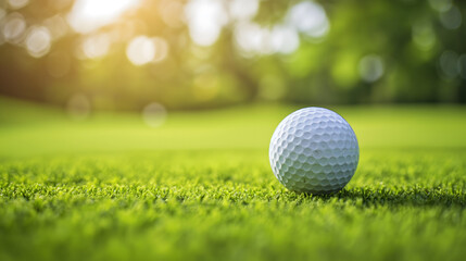 Obraz premium Close-up of a Golf Ball on Dewy Grass at Sunrise