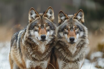 Naklejka na ściany i meble Two wolves in the winter forest, Portrait of two wolves
