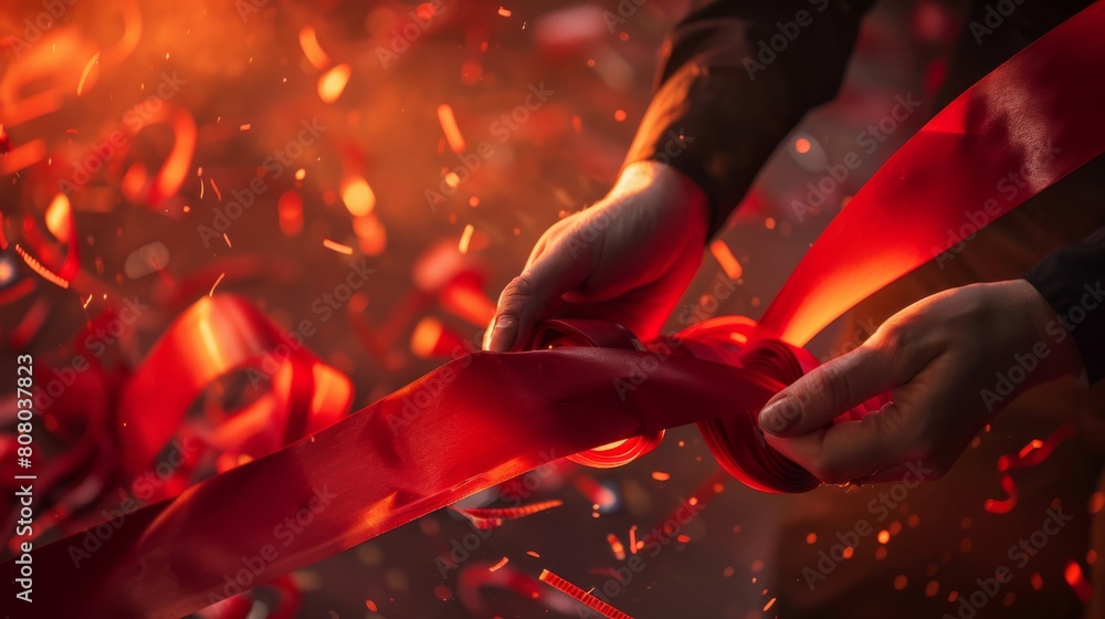 Wall mural A dynamic image capturing the motion of a person unraveling a roll of red tape to seal an envelope, with fingers pressing and adhesive sticking in a mundane yet symbolic gesture