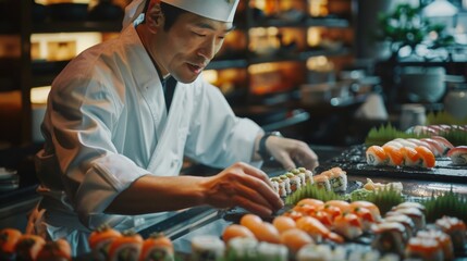 A sushi chef expertly preparing rolls with fresh seafood, showcasing precision