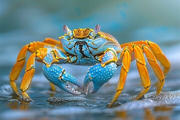  rendering of a blue and yellow crab in the water