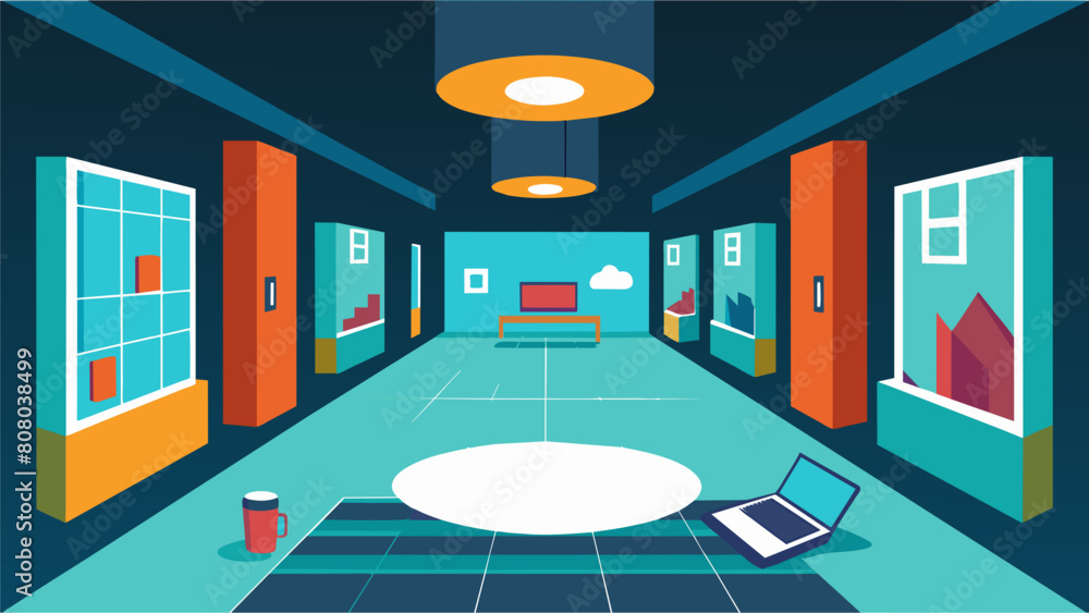 Poster visitors being able to walk through a mockup of a completed room or floor of the building.. vector i