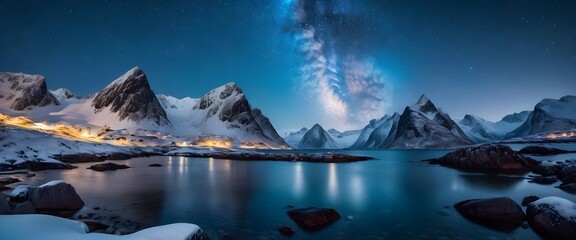 Milky Way above frozen sea coast and snow covered mountains in winter at night in Lofoten Islands, Norway. Arctic landscape with blue starry sky, water, ice, snowy rocks, milky way. Space and galaxy