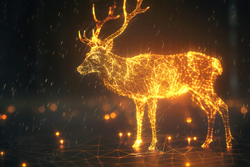A wireframe-based visualization of a graceful deer against a glowing translucent background, presenting its majestic form in a digital interpretation.
