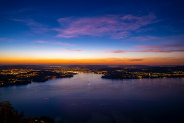 Aerial View over Lake Lucerne and Mountain in Dusk in Lucerne, Switzerland.