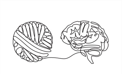 Chaos and brain, abstract minimalist concept vector illustration. Metaphor of disorganized difficult problem mess with single continuous tangle thread in need of unraveling, found solution.	