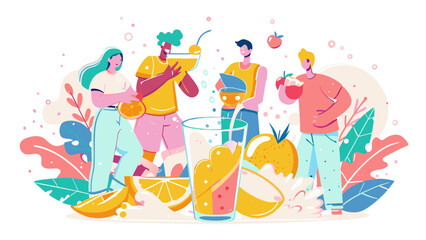 Colorful Illustration of Friends Enjoying a Summer Fruit Drink