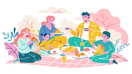 Colorful Illustration of Friends Enjoying a Picnic Outdoors