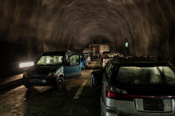 Dirty and Damaged Vehicles Inside a Tunnel in Switzerland.