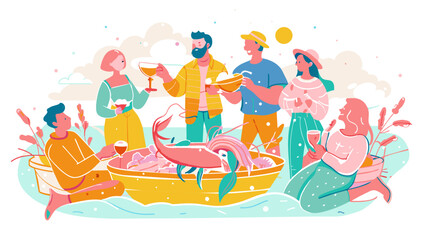 Vibrant Summer Beach Picnic with Friends and Seafood
