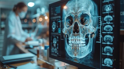 The detailed x-ray of a skull on a computer monitor in a clinic embodies the pinnacle of advanced diagnostic technology and professional healthcare.