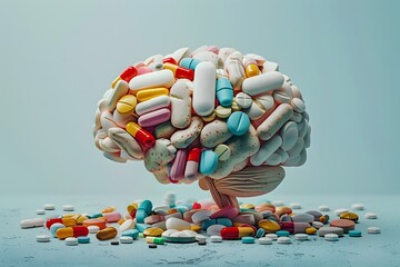 Brain Sculpture Made of Assorted Pills on Blue Background - Generative AI