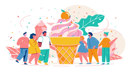 Giant Ice Cream Cone and People Enjoying Sweet Treats
