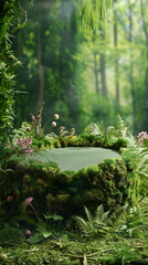 A soft, plush podium covered in moss and grass, set in a fairy-tale forest, displaying a range of natural makeup products, with wildflowers and ferns weaving through the display, 