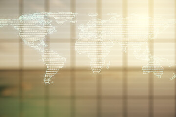 Abstract creative world map interface on empty corporate office background, international trading concept. Multiexposure