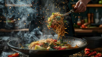A dynamic image capturing the motion of a chef tossing stir-fried noodles in a wok with colorful vegetables and aromatic spices