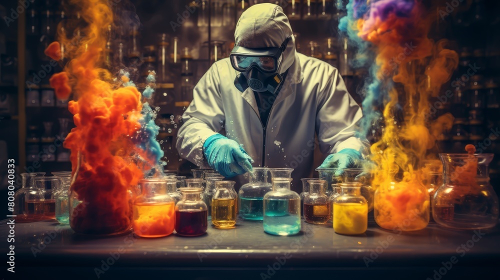 Poster a man in a lab coat is working with colorful liquids in test tubes. the scene is chaotic and messy, 