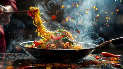 A dynamic image capturing the motion of a chef tossing stir-fried noodles in a wok with colorful vegetables and aromatic spices