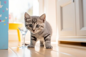 Lifestyle portrait photography of a cute american shorthair cat drinking water isolated on playful childrens room