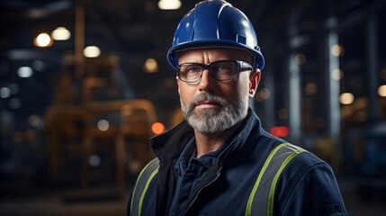 Obraz premium A man wearing a blue helmet and safety glasses stands in front of a building. He looks serious and focused