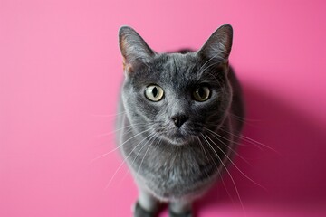 Portrait of a gray cat on a pink background with copy space