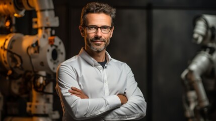 Fototapeta premium A man in a white shirt stands in front of a robot. He is smiling and he is proud of the robot