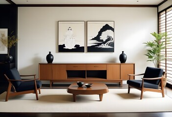 A modern living room with a minimalist design featuring a large wooden credenza and a black coffee table. The room is furnished with two black armchairs and the walls are white. There.on the wall are 