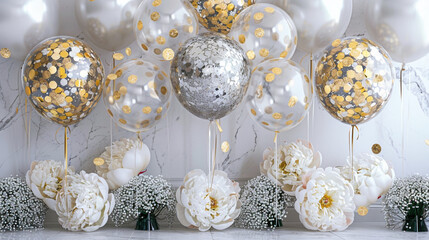 A sophisticated display of clear balloons filled with gold and silver confetti, accented with white peonies and baby's breath, 