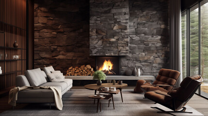 Cozy sofa and chair arranged by a fireplace against a wild stone cladding wall, epitomizing mid-century modern living room design