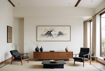A modern living room with a minimalist design featuring a large wooden credenza and a black coffee...