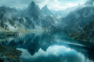 Mountain Reflections, Soft morning light on peaks, Lake reflecting mountains, Aerial view from above, Blue and green tones, Early morning