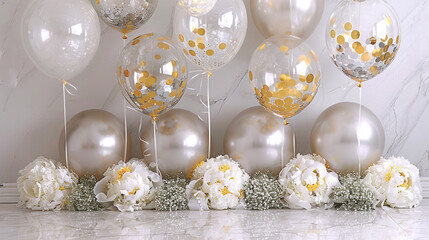 A sophisticated display of clear balloons filled with gold and silver confetti, accented with white peonies and baby's breath, 