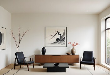 A modern living room with a minimalist design featuring a large wooden credenza and a black coffee table. The room is furnished with two black armchairs and the walls are white. There.on the wall are 