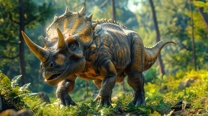 Triceratops walking on the ground on a prehistoric landscape