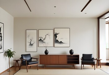 A modern living room with a minimalist design featuring a large wooden credenza and a black coffee table. The room is furnished with two black armchairs and the walls are white. There.on the wall are 