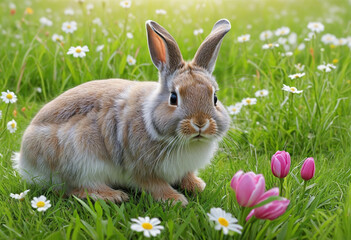  Charming illustration of a fluffy bunny on a colorful spring meadow, brought to life with Generative AI technology 