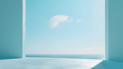 A blue sky with a cloud in the middle. The sky is clear and bright. The ocean is calm and peaceful
