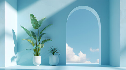 A blue room with a plant in a white pot and a window with a cloudy sky. The room is empty and the plant is the only decoration