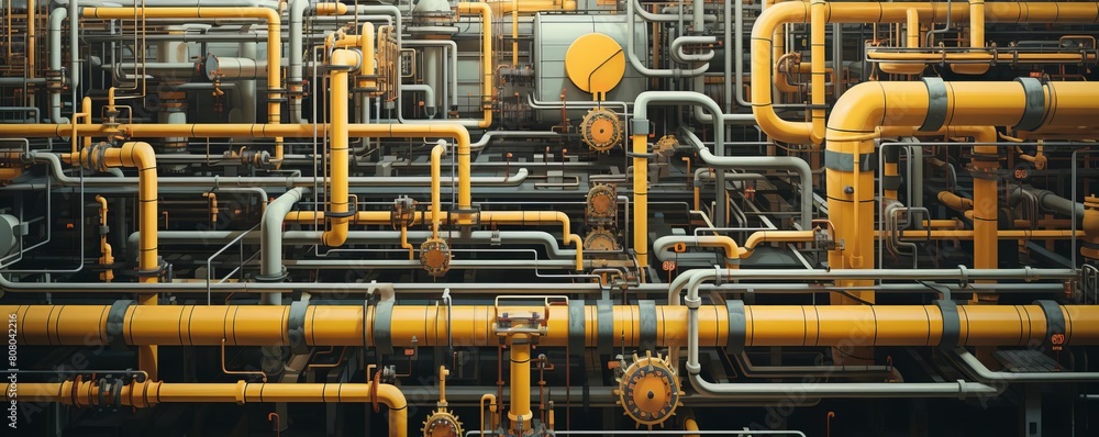 Poster a yellow and gray pipe system with many valves. concept of complexity and organization, as the pipes