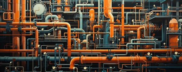 A very detailed drawing of a pipe system with many orange pipes. The drawing is very detailed and has a lot of different colors
