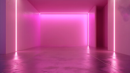 A pink room with a white wall and a pink floor. The room is empty and has a neon pink light