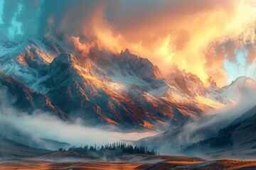 Mountain Sunrise, Soft morning light filtering through clouds, Foreground elements leading to distant peaks, Warm hues of sunrise illuminating the landscape